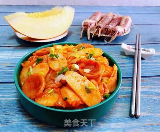 #酸辣美食#辣白菜香腸炒年糕的做法步驟：14